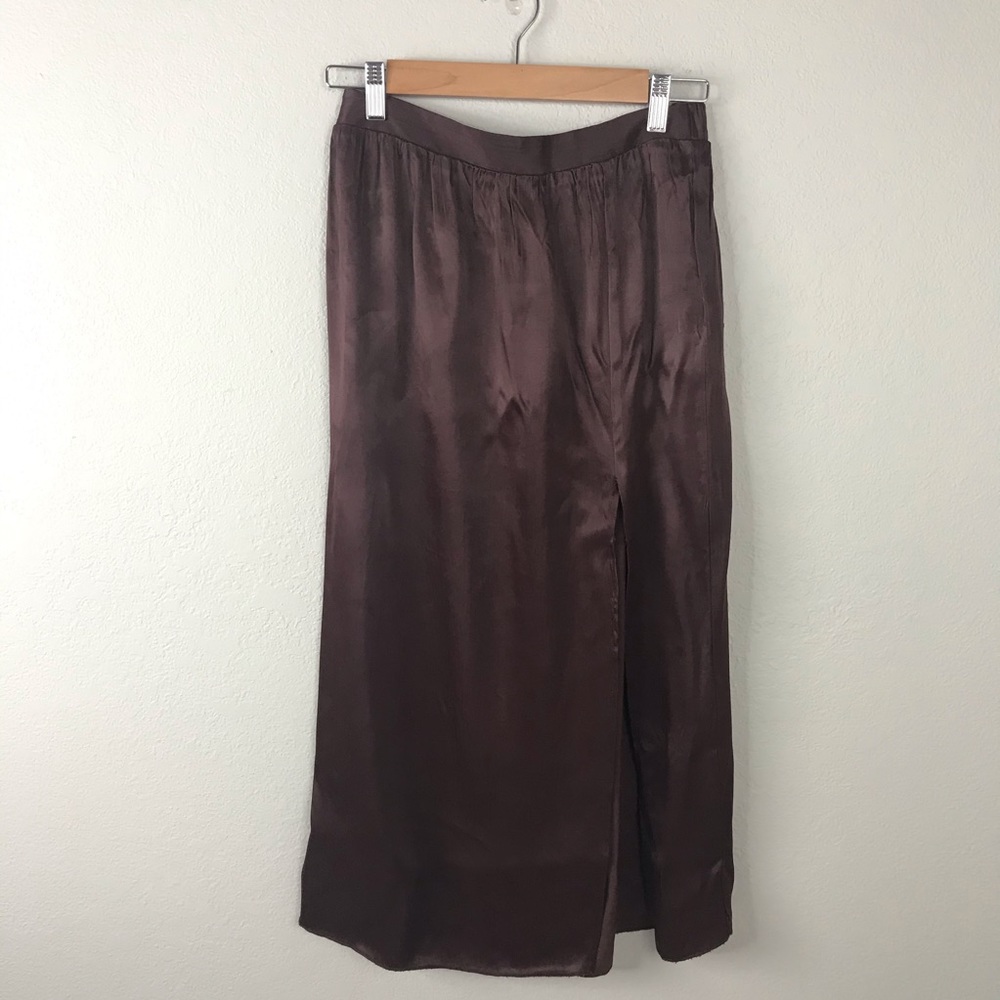 NWT Zara Satin Effect Brown Midi Skirt Front Slit